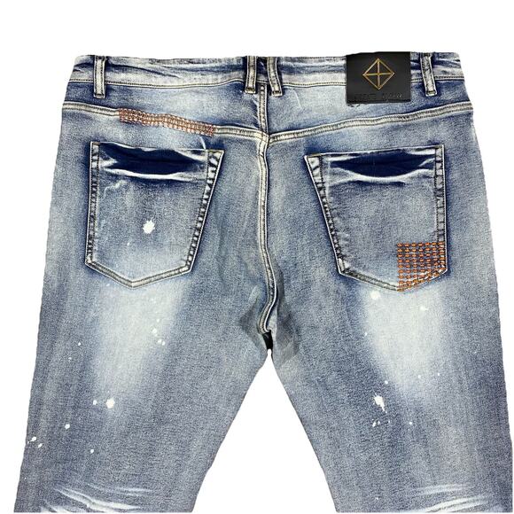 Create 2MRW Distressed Patchwork Skinny Jeans Men’s 36x34 Light Wash - Picture 2 of 12